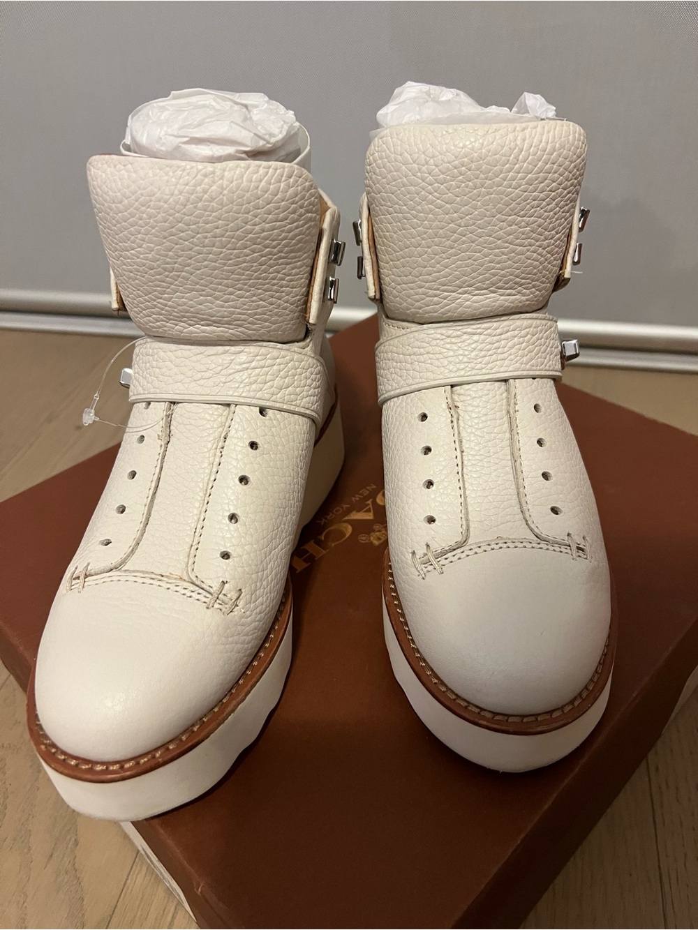 Coach Cream Pebbled Leather Ankle Boots with Platform Sole